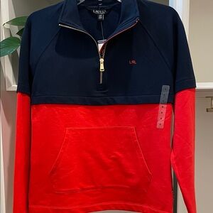 Lauren Ralph Lauren Navy w/Red Quarter Zip Sweater. Raised letters on sides. NWT